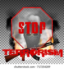 Skull terrorist masked and Kalashnikov machine guns on a background of fire and smoke. Isolated objects can be used with any image or text.