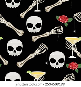 Skull themed seamless pattern with skeleton hands, rose, margarita and spider web on a dark black backdrop