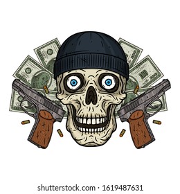 Skull. Thief skull. Vector illustration of human skull with black hat and two pistols. 