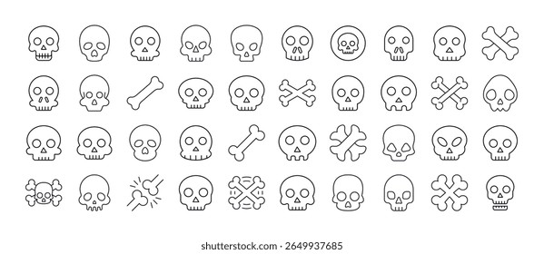 Conjunto de ícones de linha fina do crânio. Outline Signs para Gráficos e Web Design, Apps, Anúncios, Vários Cartões 