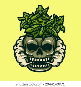 SKULL DENKING WEEDS CUTE MASCOT ILLUSTRATION