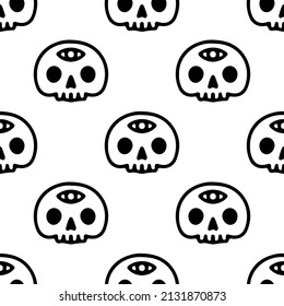 Skull with third eye background seamless pattern, illustration for t-shirt, sticker, or apparel merchandise. With doodle, retro, and cartoon style.