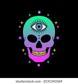 Skull with third eye in neon pink and green tones, surrounded by stars, gradient colors, psychedelic concept.