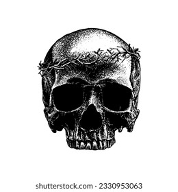 skull with thorns hand drawing vector isolated on white background.