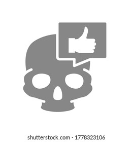 Skull with thumb up in speech bubble grey icon. Bone structure of the head, cranium symbol