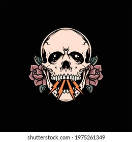 skull and thunder and rose tattoo vector design