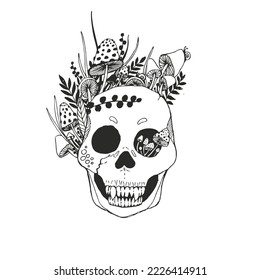 Skull, toadstools, flowers and herbs vector outline illustration for wallpaper, pattern fills, web page background, surface textures.