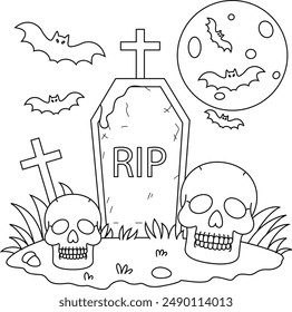 Skull and Tomb Hand Drawn. Halloween Outline Coloring Page