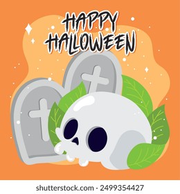 Skull and tombstone Happy Halloween poster Vector illustration