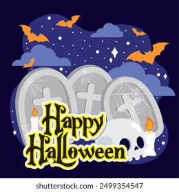 Skull and tombstone Happy Halloween poster Vector illustration