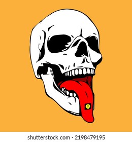 Skull tongue out illustration, skeleton art, dead symbol, horror, retro head, danger graphic, bone sign, kiss, tongue, halloween art