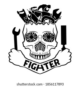 Calavera con herramienta en la cabeza y llave de mano y cincel aislados en blanco. ilustración vectorial.