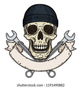 Skull with tools. Skull with crossed wrenches, bone and ribbon for your text. Vector skull with spanner