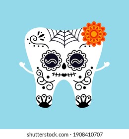 Skull tooth for Mexican day of the dead isolated vector icon. Skeleton carnival makeup tooth girl with marigold flower - Catrina Calavera dental character. Flat design cartoon style illustration.