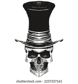 skull top hat picture vector hand drawn ,black and white clip art
