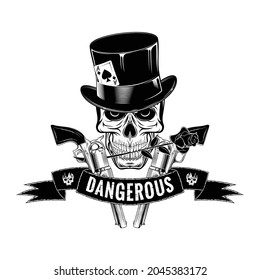 Skull in a top hat with a rose in its teeth and a pair of cowboy revolvers. Dead gunfighter. Illustrations for t shirt print. Black tattoo.