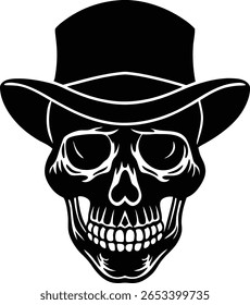 Caveira com Top Hat Silhueta Vetor - Ícone de Halloween Gótico para Temas de Horror, Arte Rebelde, e Vintage Vestuário Designs