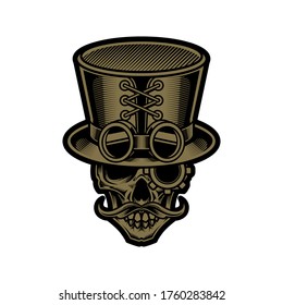 skull in top hat in steampunk style illustration and tshirt design