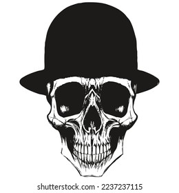 skull with top hat vector hand drawn ,black and white clip art
