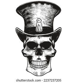 skull and tophat vector hand drawn ,black and white clip art
