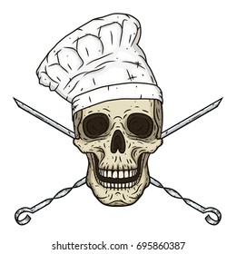 Skull in toque with BBQ skewers. Cartoon skull in hand drawn style. Chef skull 