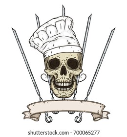 Skull in toque with BBQ skewers. Cartoon skull in hand drawn style. Chef skull 