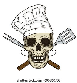 Skull in toque and crossed barbecue tools. Cartoon skull in hand drawn style. Chef skull  