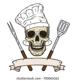 Skull in toque and crossed barbecue tools. Cartoon skull in hand drawn style. Chef skull