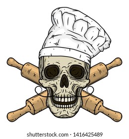 Skull in toque with crossed rolling pin. Chef skull