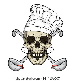 Skull in toque with crossed serving spoon. Chef skull