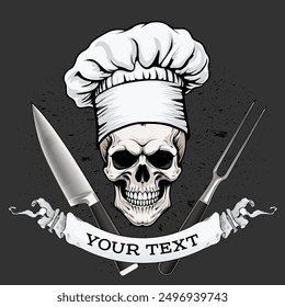 A skull in toque with knife and fork. A ribbon with space for your text. Stock vector illustration. Good for t-shirt.