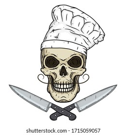 Skull in toque with knifes. Cartoon skull. Chef skull