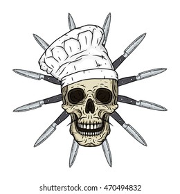 Skull in toque with knifes. Cartoon skull. Chef skull