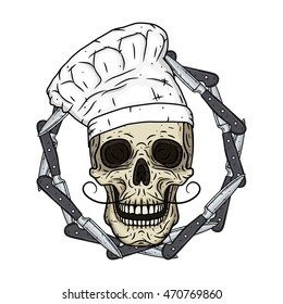 Skull in toque with knifes. Cartoon skull. Chef skull