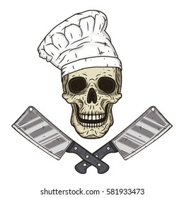 Skull in toque with knifes. Cartoon skull in hand drawn style. Chef skull