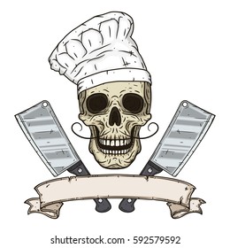 Skull in toque with two cleavers and vintage scroll. Cartoon skull in hand drawn style. Chef skull