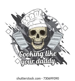 Skull in toque with two cleavers and vintage scroll. Cartoon skull in hand drawn style. Chef skull