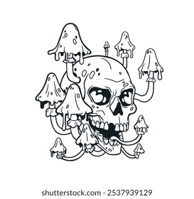 Crânio com cogumelos tóxicos, osso da cabeça assombrado assustador, desenho de tinta assustador. Design de tatuagem de Halloween. Esqueleto da morte e fungos, esboço de tatuagem. Ilustração de vetor desenhada à mão isolada no plano de fundo branco