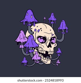 Skull with toxic mushrooms growing. Death, creepy spooky horror skeleton, dead head bone in vintage retro tattoo style. Halloween decoration. Mystical haunted hand-drawn graphic vector illustration