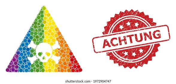 Skull toxic warning mosaic icon of spheric dots in various sizes and LGBT colored color tints, and Achtung textured rosette stamp seal. A dotted LGBT-colored Skull toxic warning for lesbians, gays,