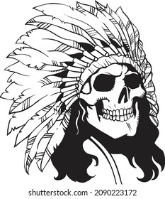  Skull in a traditional feather headdress black and white on a white background