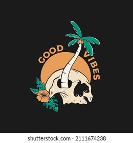 skull tradittional tattoo design. good vibes tshirt design