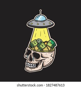 skull with treasure on head being sucked up ufo