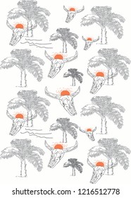 Skull and tree background. Retro road trip pattern, vintage design,holiday,travel. - Vector