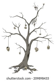 Skull tree cartoon, vector, horizontal, over white,  isolated 