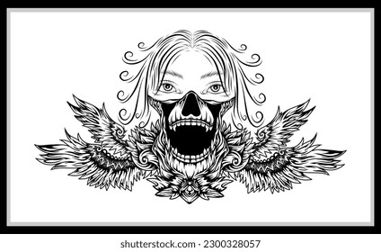 skull tribal tattoo with floral ornament