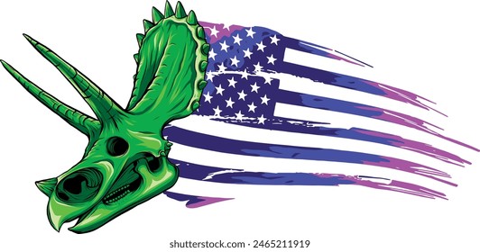 cráneo de dinosaurio triceratops con bandera americana