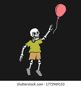 Skull tries to reach the flying balloon. Old school vector illustration for t-shirt design, web design, wallpaper, flyer, etc.