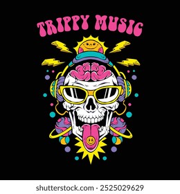Skull trippy música psicodélica arte vetor