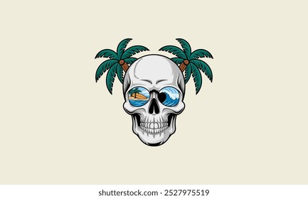 Skull with tropical beach reflections and palm trees.